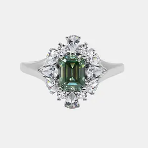 【741】New Year Promo Radiant Cluster 1 Carat Green Synthetic Moissanite Ring