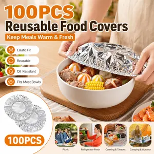 100Pack Aluminum Foil Bowl Covers with Elastic, Stretchable Food Storage Lids for Bowls and Plates, Reusable Heat Insulation Covers to Keep Food Warm and Fresh, Dust-Proof Elastic Dish Lids for Leftovers, Meal Prep and Home Kitchen Use