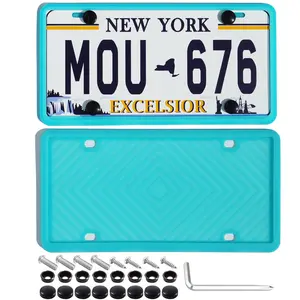 Crossarctic Silicone License Plate Frames, 2 Pack Blue License Plate Holder Bracket Without Obstruction, Universal License Plate Cover with Rust-Proof, Anti-Rattle, Weather-Proof for US Car