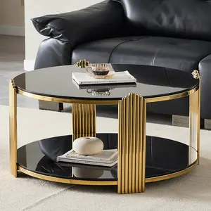 35" Round Glass Coffee Table, 2-Tier Gold Center Table with Stainless Steel Legs and Black Tempered Glass, Modern Luxury Coffee Table for Living Room Home Office