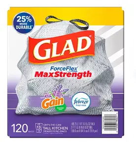 Glad ForceFlex Max Strength Tall Kitchen Drawstring Trash Bags, Gain Lavender 13 gal., 120 ct.