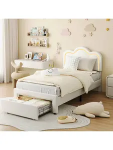 Twin Upholstered Smart LED Bed Frame With Adjustable Headboard, Velvet Princess Platform Bed Frame , Wooden Slats Support, No Box Spring Needed, Easy Assembly,Off-white Pink Storage