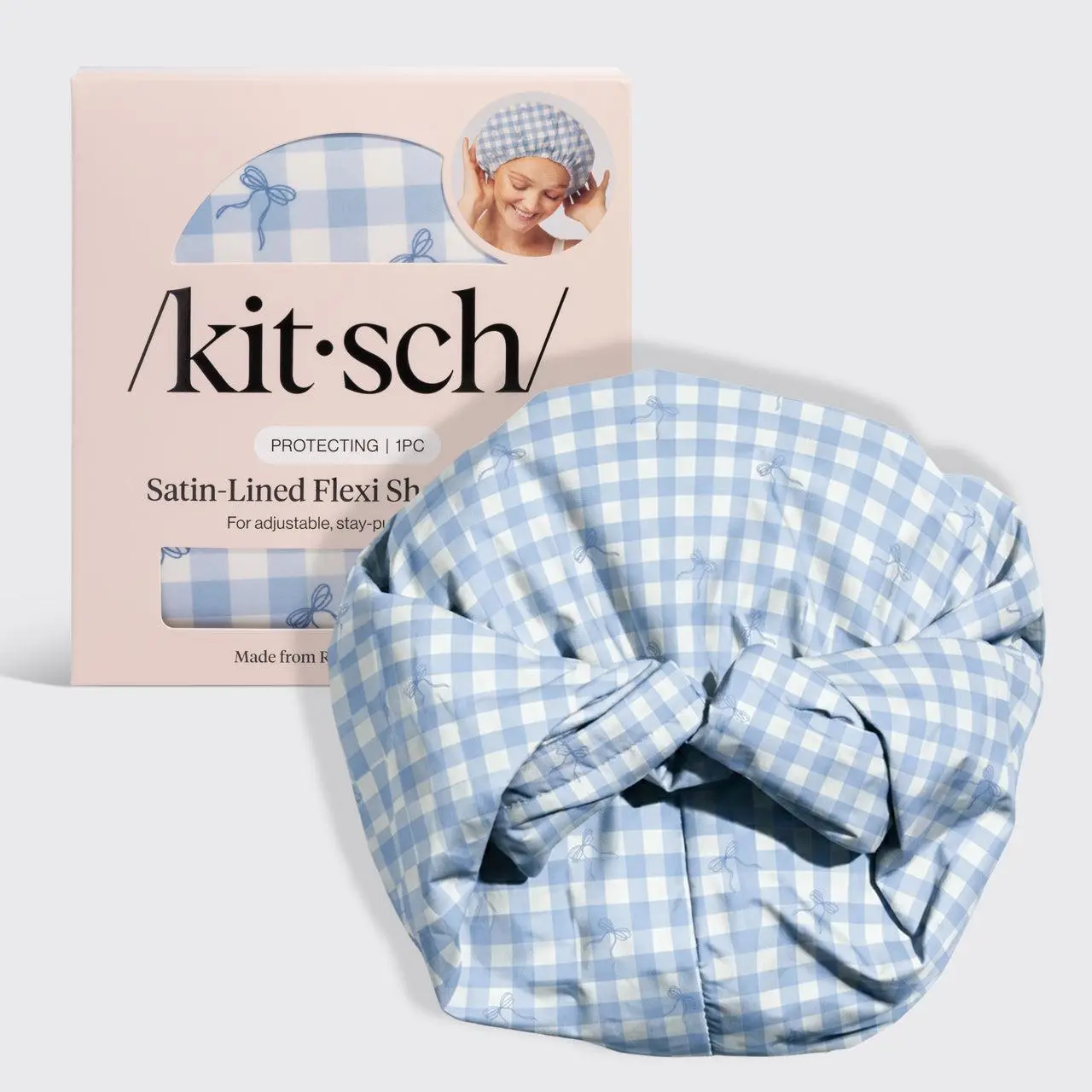 Gingham Blue Satin Lined Flexi Shower Cap - Kitsch Gingham Blue Satin Lined Flexi Shower Cap - Kitsch