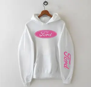 Ford girl pink logo white hoodie, vintage racing Hoodie for women, trendy car lover gift, oversized aesthetic automotive apparel, cute graphic hoodie for car enthusiasts