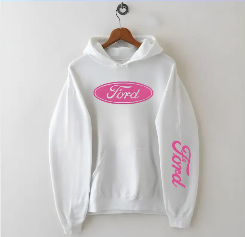 Ford girl pink logo white hoodie, vintage racing Hoodie for women, trendy car lover gift, oversized aesthetic automotive apparel, cute graphic hoodie for car enthusiasts