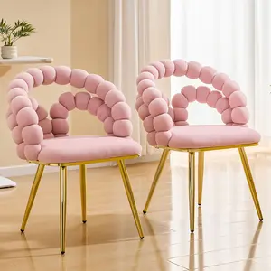 Set of 2 Modern Velvet Dining Chairs with Bubble Back, Gold Metal Legs Accent Chairy for Living Room Bedroom Vanity, Pink