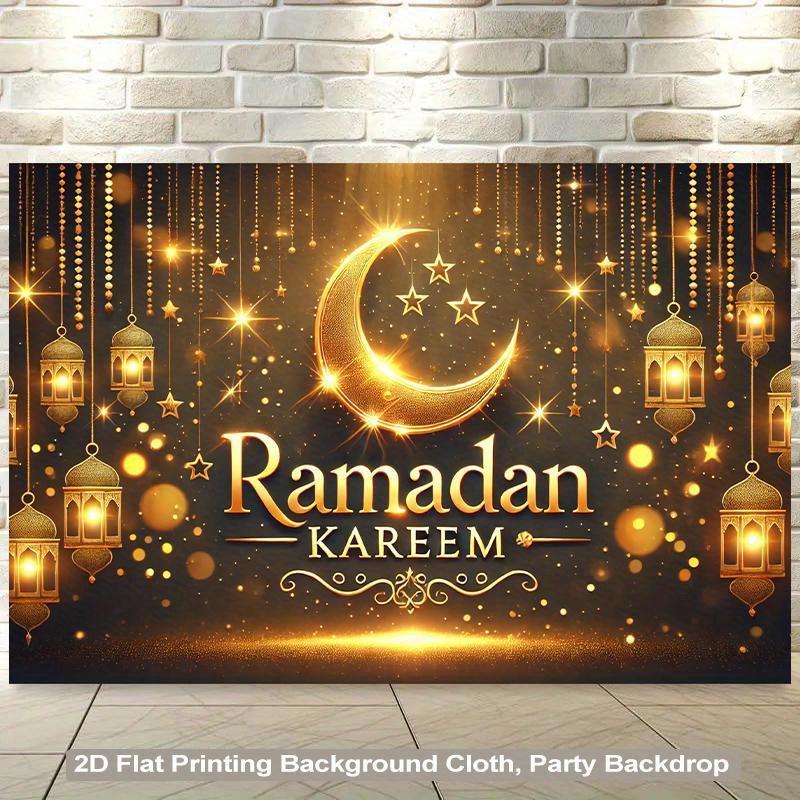 1PC,2D Flat Ramadan Kareem Party Backdrop, Golden Moon Star Lantern Pattern Background Cloth, Eid Festival Decoration Backdrop, Indoor Outdoor Event Scene Setting Banner, Islamic Ramadan Theme Party