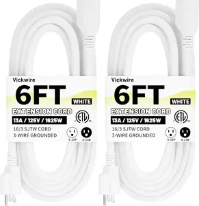 16/3 White Indoor Outdoor Extension Cord 6 Ft 2 Pack , Heavy Duty Extension Cord with 3 Prong Grounded Plug,13A 1625W 16AWG SJTW, Flexible Weatherproof Power