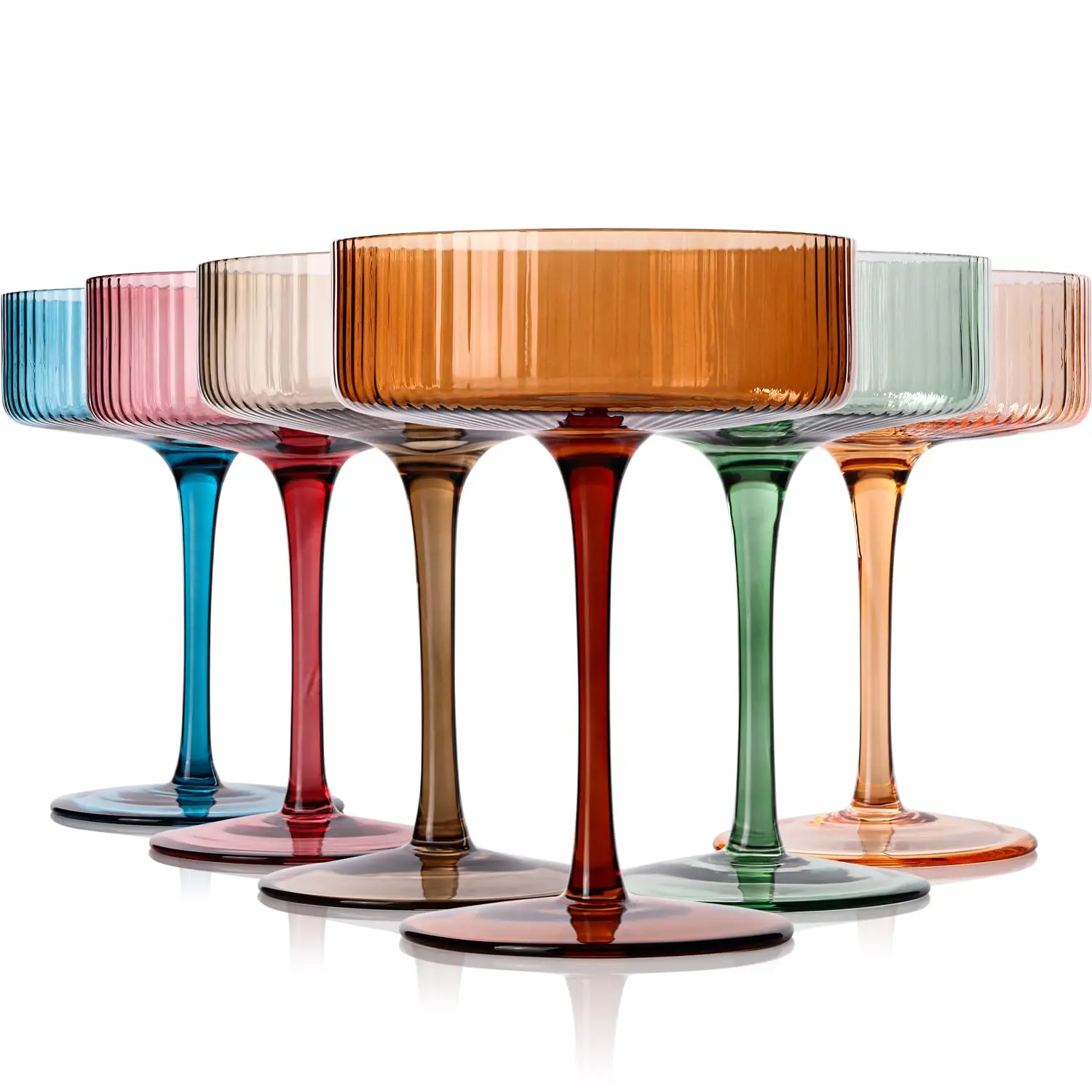 9 oz Vintage Art Deco Coupe Glasses Set of 6 Ribbed martini Glasses |Vintage Cocktail Glasses Set,Unique Colored Coupe Glass Drinkware