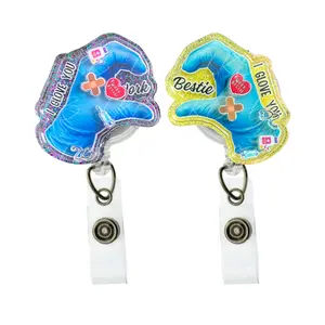 Work Bestie “I Glove You” Shaker Badge Reel Set- Matching Badge Reels, Nurse Bestie Gift, Retractable ID Holder for Healthcare Workers