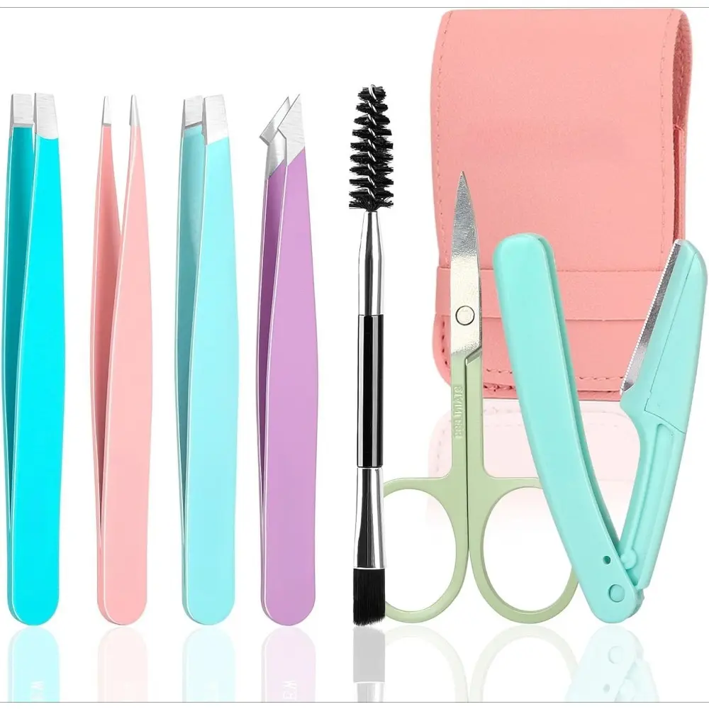 7PCS Tweezers Kit for Women Facial Hair & Brow Plucker with Eyebrow Scissors & Razor & Spoolie for Chin, Splinter and Ingrown Hair