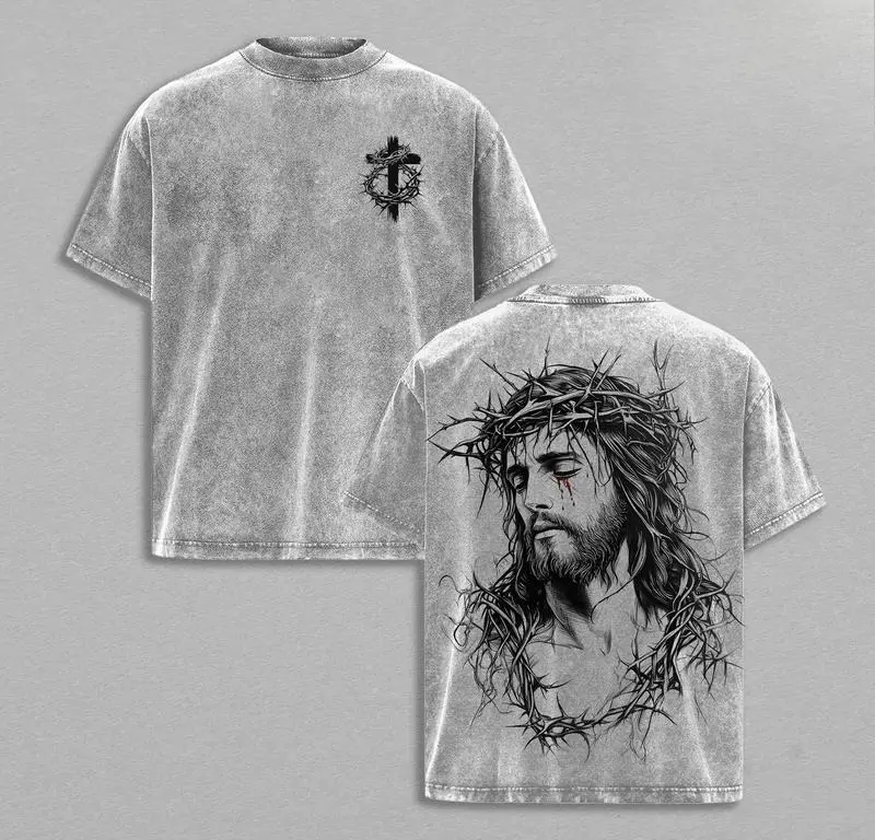 Tears of Blood – Christ’s Love in Pain - Jesus Crown of Thorns Tee Washed God Apparel Tee, Easter T-Shirt, Jesus T-Shirt, Easter Streetwear, Christian Apparel Graphic Tees, Gym Pump Cover Church Outfit