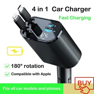 4 in 1 Retractable Car Charger, USB C Fast Charging Adapter with Lightning Cable Compatible with iPhone 16/15/14/13 Pro Max Plus, Samsung S23/S22/S10