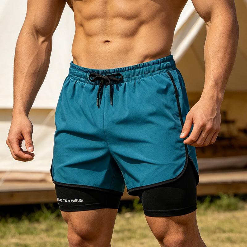 Men’s 2-in-1 running shorts, athletic fitness shorts with pockets, suitable for gym, hiking, and camping