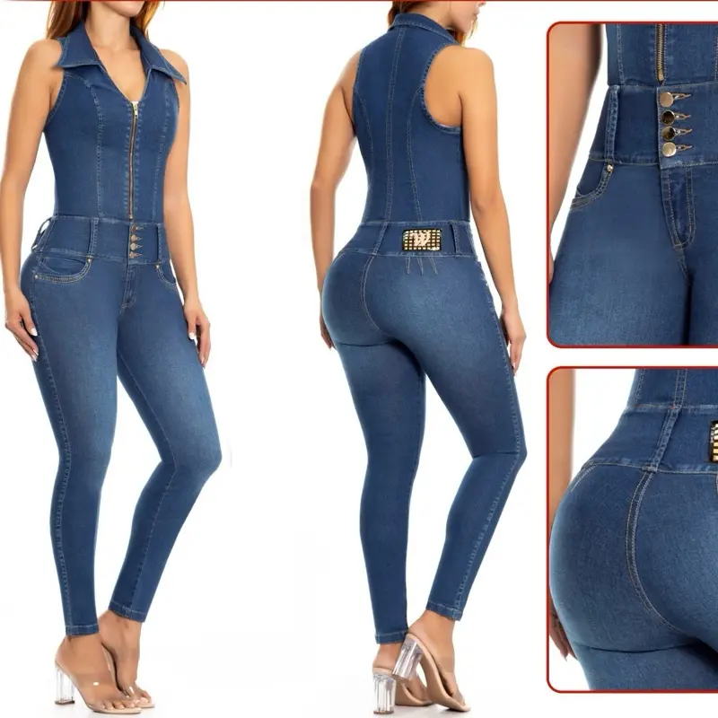 805698-Push Up Colombian Suits Women's Denim Jumpsuit with Unique Design and Belt Detailing