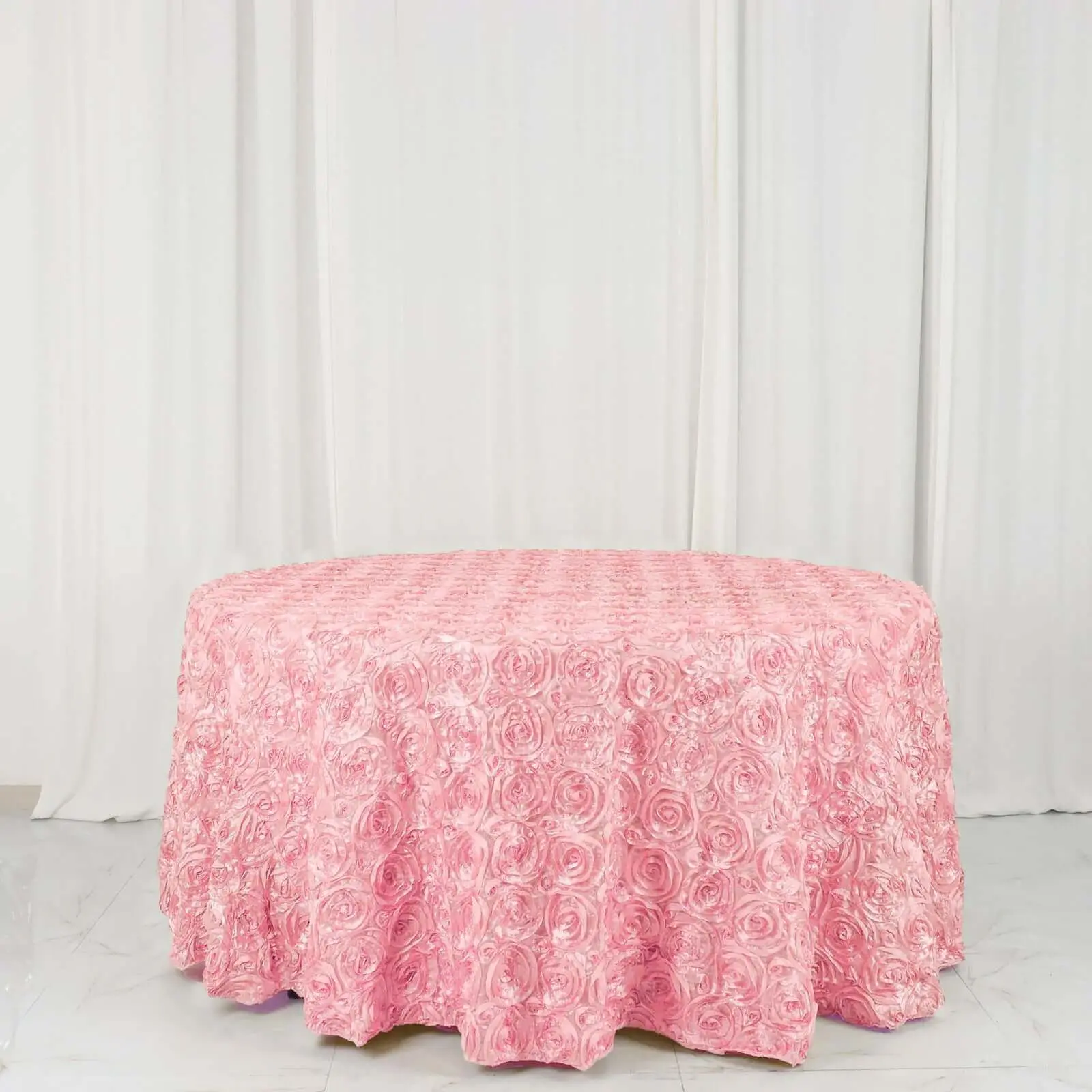 120" Pink Satin Round Tablecloth - 3D Rosette Household Kitchen Linen, Dry Cleanable for Wedding, Baby Showers, Restaurants, Prom Backdrop Decor