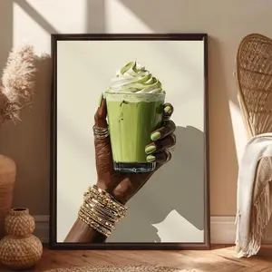 Matcha Latte Art Print, Black Woman Hand, Glam Coffee Decor I