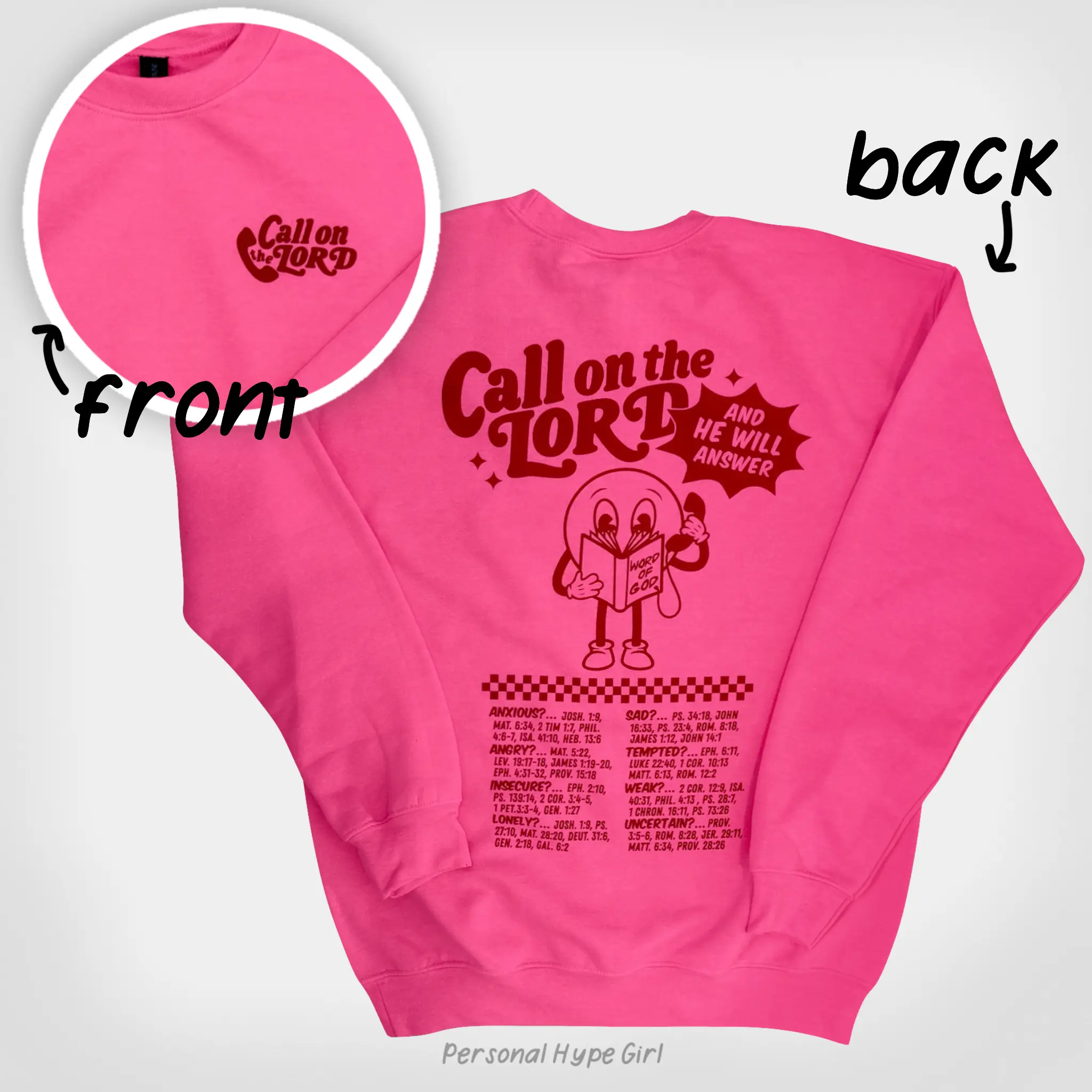 Casual Crewneck Sweatshirt for Women, "Call on the Lord" Graphic Blush Pink Cotton Blend Pullover Top, Hoodie, Clothes