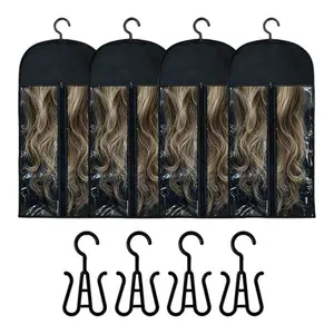 4PCS Extra Long Hair Extension Storage Bag with Wooden Hanger Dust-proof Portable Suit Transparent Zip Up Closure Lightweight Waterproof Black