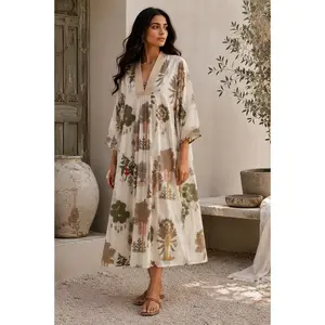 Tropical Print Organic Cotton Kaftan Dress 100% Organic Cotton Lightweight V Neck Boho Gown for Vacation Resort Wear