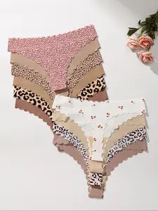 Women's Leopard Random Printed Thongs, Seamless Wave Design, Fitted Comfortable Breathable Elasticity Underwear, All Season Wear, Soft Comfy Panties, Drop Waist Panties