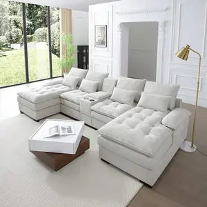 130" U-Shaped Sectional   Cup Holders, 6-Seater Modular Sleeper Couch   & Console, Modern Luxury Convertible   For Living Room, Apartment, Home Theater, Comfortable Upholstered    Double-Layer Cushion (High-Density Foam Set sofa with Faux Fur Bean Bag