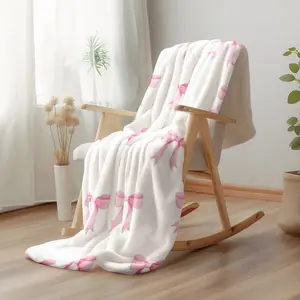 1pc 280Gsm Home Pink Bow Pattern Large Flannel Blanket, Sofa, Bed Blanket, Car Blanket, Outdoor Garden Warm Blanket