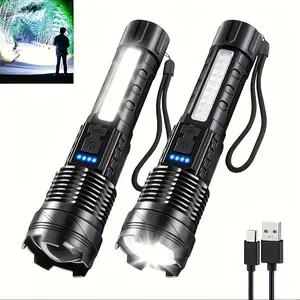 1 USB Rechargeable Built-in Battery Powerful Flashlight, Red and Blue Warning Light, Ultra Bright High Beam, Adjustable Focus Suitable for Fishing, Cycling, Outdoor Activities, Camping, and Home Use