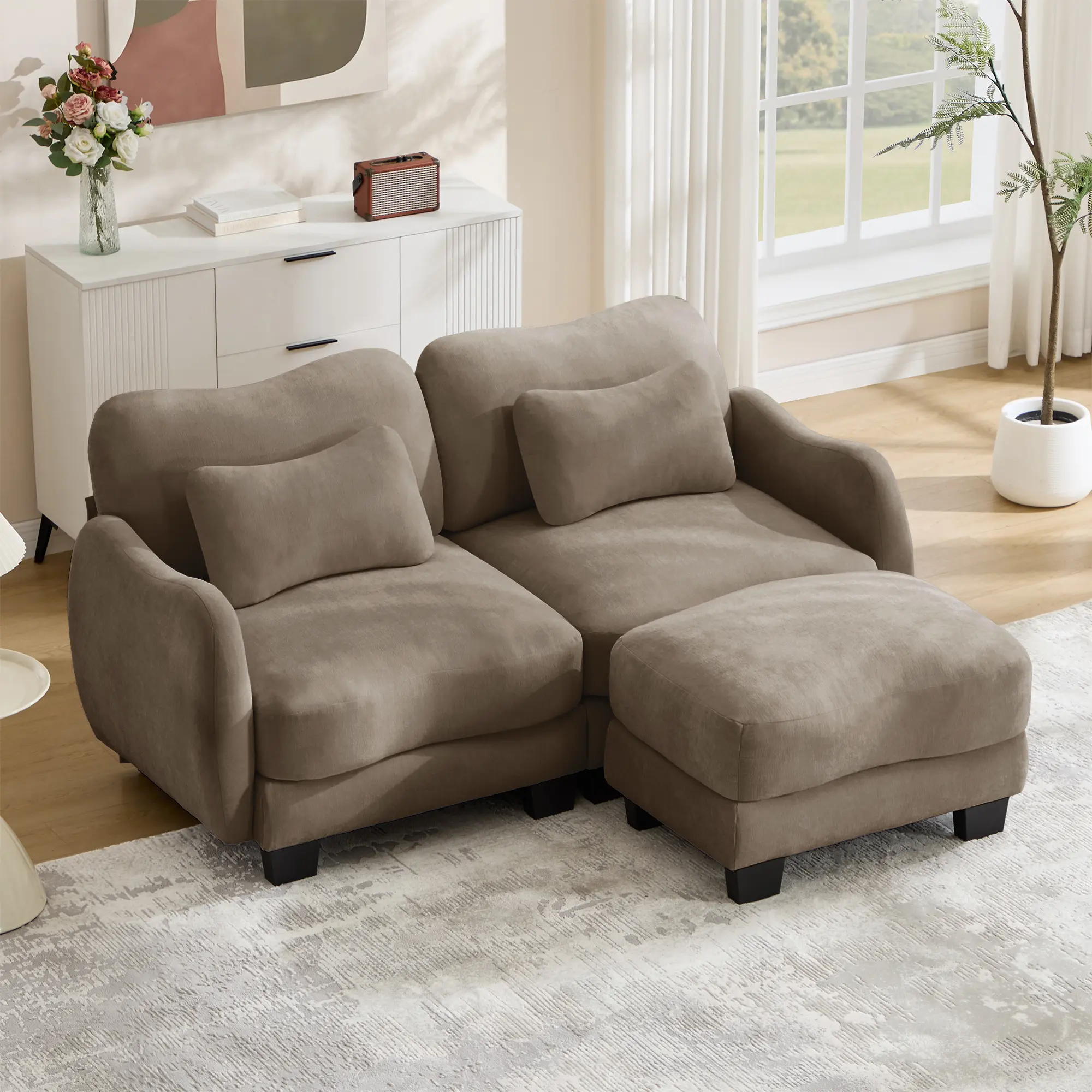 Eyisean 70.8" Chenille Modular L-Shaped Cloud Couch, Modern 2-Seater Sectional Loveseat with Curved Arms, Waist Pillows, Ergonomic Deep Seat & Ottoman, Easy-Assembly Upholstered Sofa for Living Room, Apartment