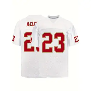 Men's #58.42 cmMCFAITH White American Football Jersey - Breathable & Comfortable Polyester, V-Neck, Short Sleeves with Striped Accents for Casual, Street, Training & Sports Wear