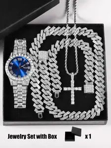 4-piece men's watch set (with box), Cuban necklace bracelet set, men's cross necklace set gift