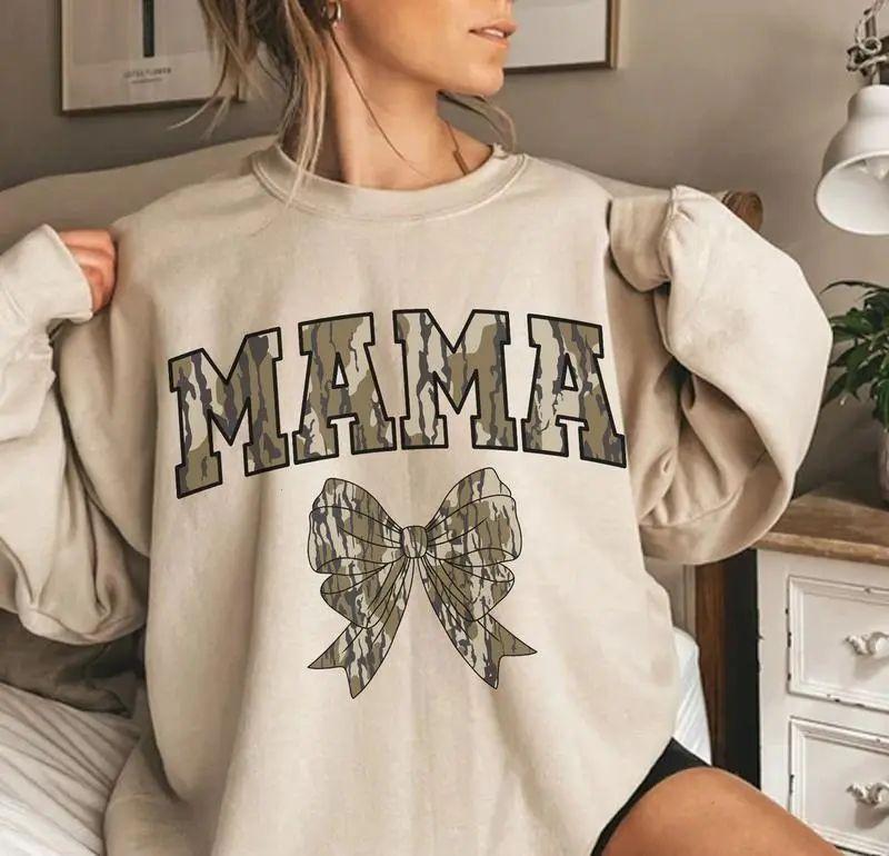 Oldschool MAMA Camo Coquette Bow Sweatshirt for Moms, Unisex Cotton Crewneck Pullover with Bow Design, by Adrian Originals, USA-Made & Printed Apparel