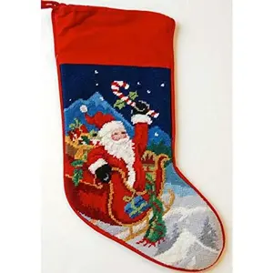 Festive Santa Red Sleigh Wool Needlepoint Christmas Stocking