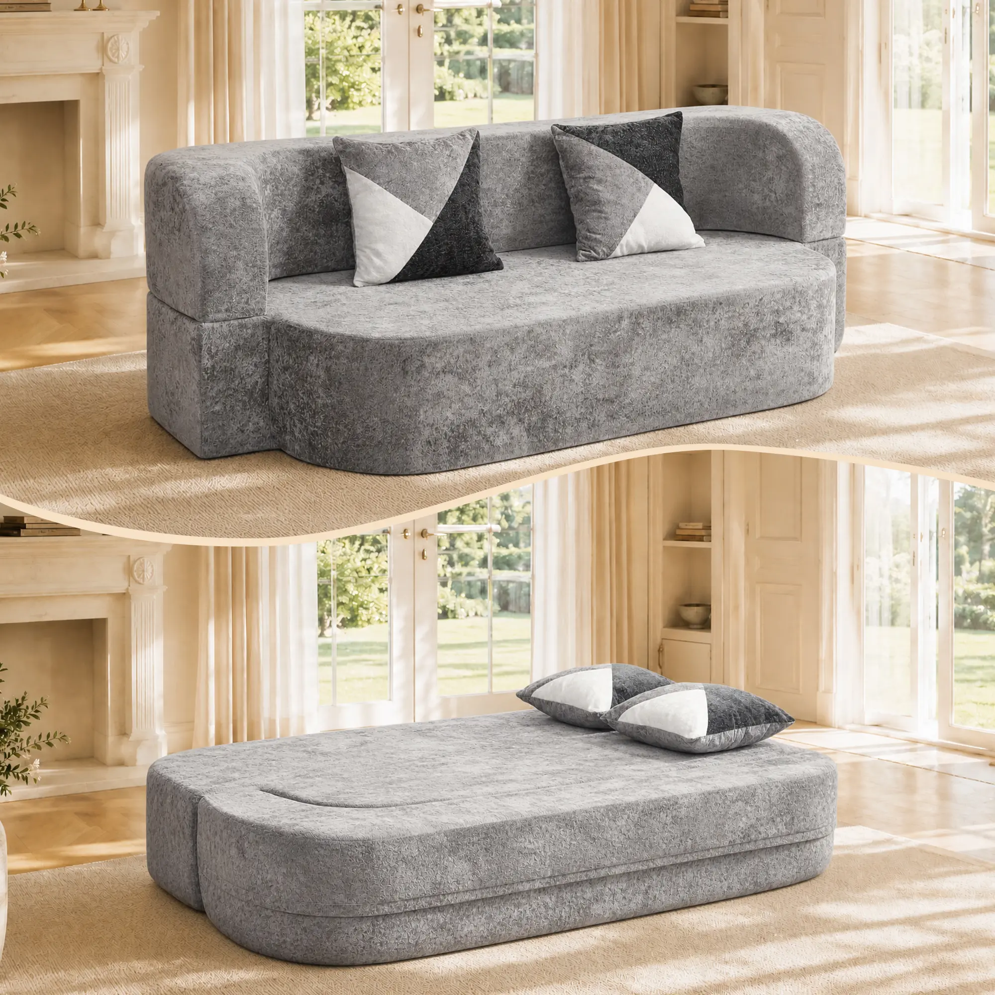 Convertible Sofa Bed Sleeper Couch 78.74" Eggshell Boneless Design with Soft Plush Fabric, 33D High-Density Foam, No Assembly Needed, Includes Pillows, for Living Room Bedroom Apartment Guest Room Home Office, Silver+Grey Color