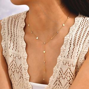 MP Light Luxury Y Chain Tassel Necklace Gold Plated Chain Non Tarnish ,zircon heart Charms ,stainless steel Jewelry Daily Decor Accessories for women everyday easter gift pendant Copper