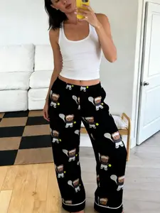 Adorable Tennis Teddy Bear Sleep Pants, Elastic Waist Cartoon Print Long Pants, Casual Loose Home Wear for All Seasons