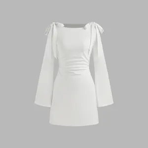 Cider Boat Neckline Solid Ruched Bowknot Mini Dress