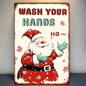 2D Flat, Vintage Santa Claus Washing Hands Metal Sign - Retro Red & Teal Christmas Bathroom Decor - Easy-Hang Holiday Decoration for Farmhouse, Kitchen, or Door - 8x12 Inches (20.32x30.48cm) - Promotes Hand Hygiene - LCX01, Christmas Decorations for Bathr