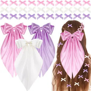 33PCS Satin Hair Bow Clip Set for Girls, 3 Large Ribbon Clips with Tails + 30 Mini Bows, Smooth Satin Alligator Barrettes for Ponytails, Braids, Thick or Curly Hair, Daily Wear and Party Styles