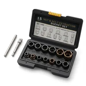 15PCS Damage Nut & Bolt Extractor Set, Broken Bolt Remover Kit with 3/8" Drive, High-Hardness Stripped Lug Nut Remover for Rusted, Frozen, Rounded Off Bolts and Nuts