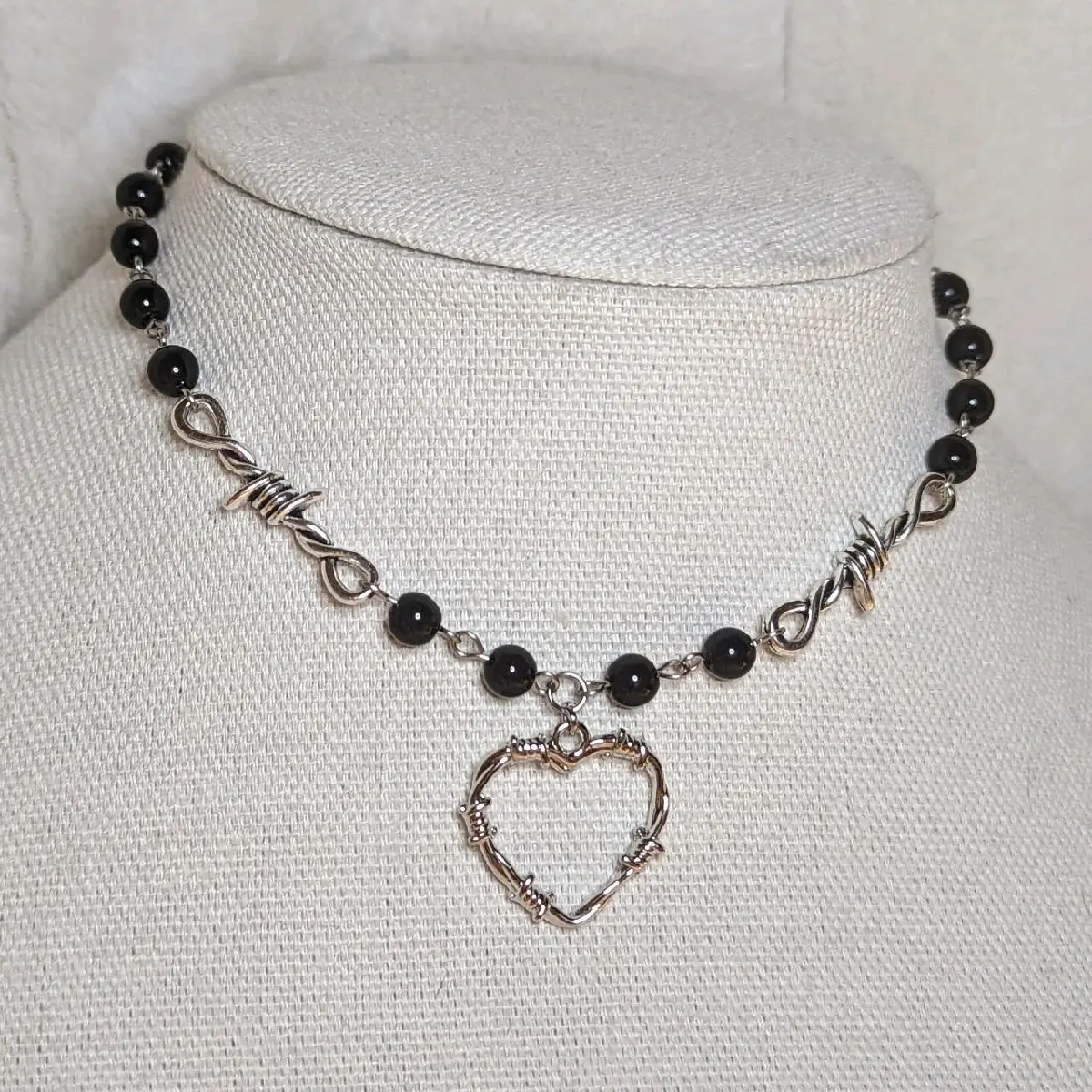 Barbed wire with barbed heart pendant choker necklace