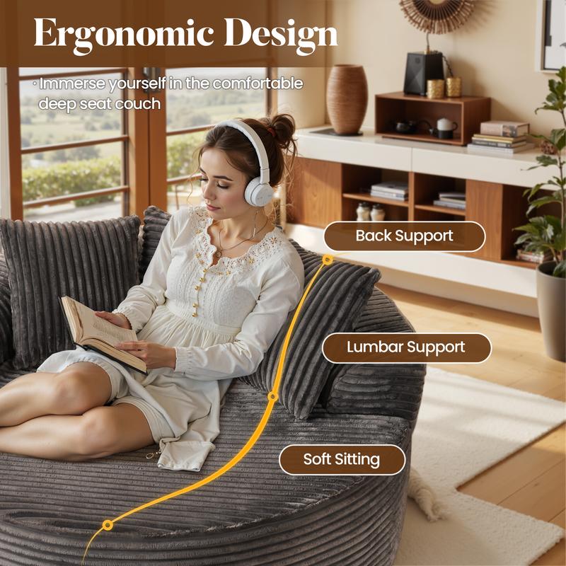 HOOOWOOO 59"W Oversized Round Sofa Bed - Boneless& Modern O-Shape, Lazy Bean Bag Chair, Deep Seat Couch with 3 Pillows, Plush Corduroy Fabric Chaise Lounge, No Assembly Required