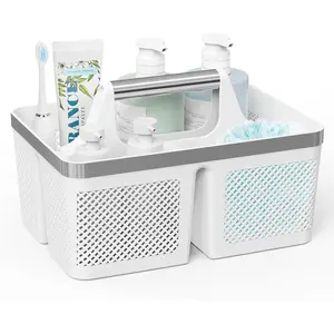 Shower Caddy Dorm Plastic: Portable Bathroom Caddy Organizer with Handle and Holes, Cleaning Basket, Hard Shower Basket Storage Tote for Toiletry, College Dorm Room Essentials White/Silver