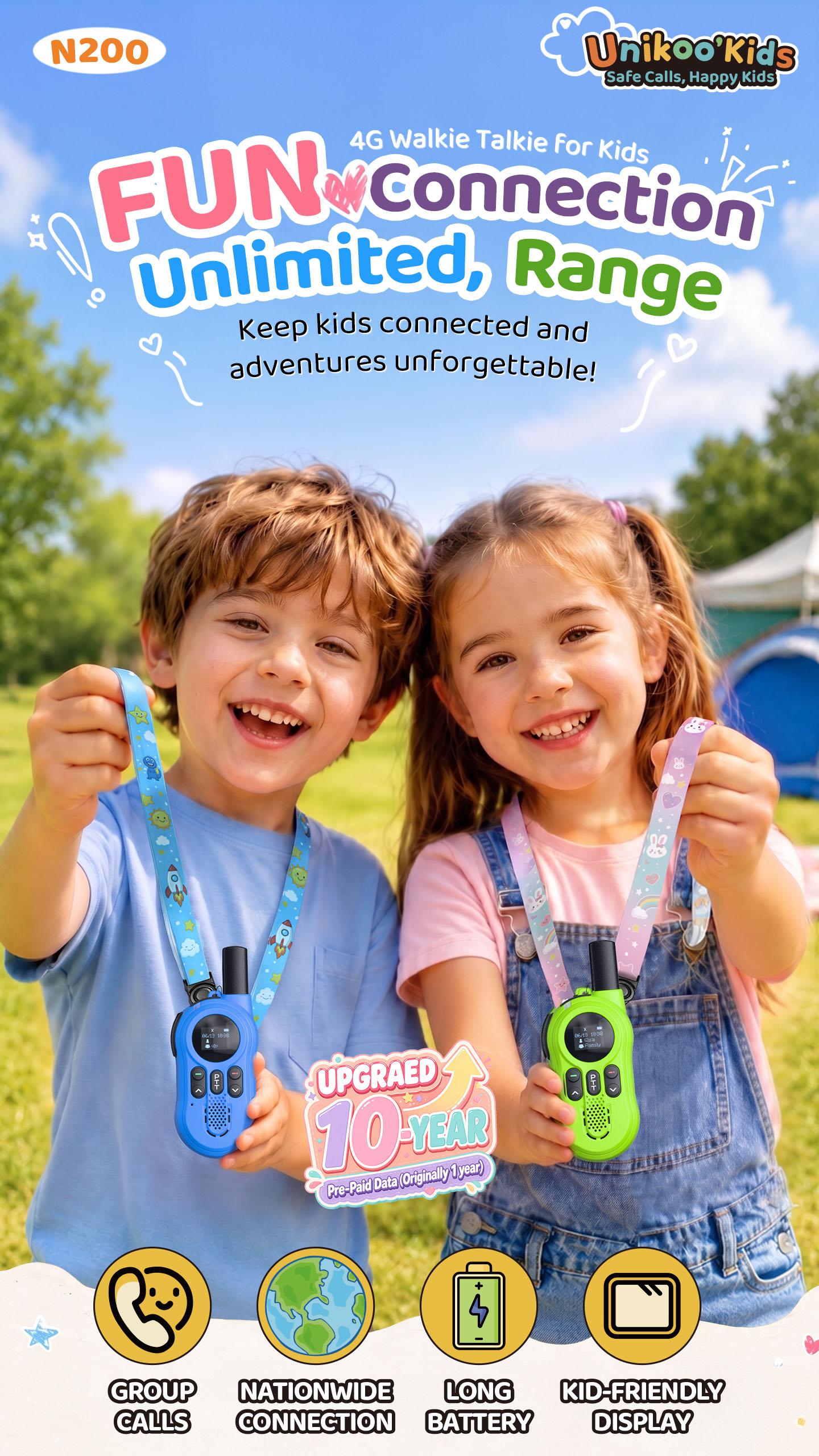 UNIKOO N200 4G Sim-Based Kids Walkie Talkie (Ages 6-12) - US Nationwide Coverage, 10-Year Free Data, No Monthly Fee, 1-Button Push-To-Talk, Anti-Interference, Shockproof, Rechargeable for Outdoor Play, School Commute