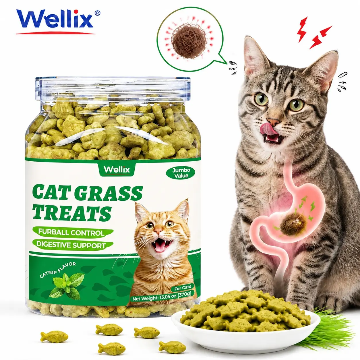 Wellix Cat Treats for Indoor Cats Hairball Control Natural Salmon Healthy Cat Grass Treats Kitten Snacks Training Biscuits Catnip for Cats Dental Care 3.1/13oz,#backtoschool
