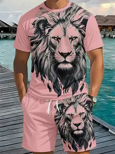 3D Digital Printed Two-piece Set with Pink-toned Domineering Lion Print, 2Pcs, Trendy Fashion Suit, Trendy Retro Casual Two-piece Outfit, Resort-style Trendy Wear, Breathable Sports Casual Style, Perfect Holiday Gift for Men