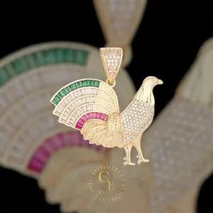 CEJewelry Minimalist Hip Hop 14k Gold Plated Rooster Zircon Copper Pendants and Necklaces with Colorful Gemstone Accents