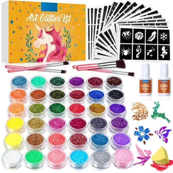 Glitter Tattoo Kit for Kids & Adults – 36 Colors Temporary Tattoo Set with 178 Stencils, 5 Brushes & 2 Body Glue, Festival Face Paint, Party Favors, Carnival, Cosplay & Birthday Gifts