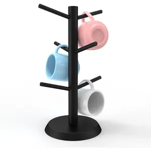 Black Coffee Mug Holder Non-Slip Cup Tree Mug Holder and Organizer With 6 Hooks For Counter Rack Natural Solid Wooden Stable Base Smooth Edges And Surfaces Sturdy Branches Universal Organizer For Coffee Mugs Keys Jewelry Watches Donuts