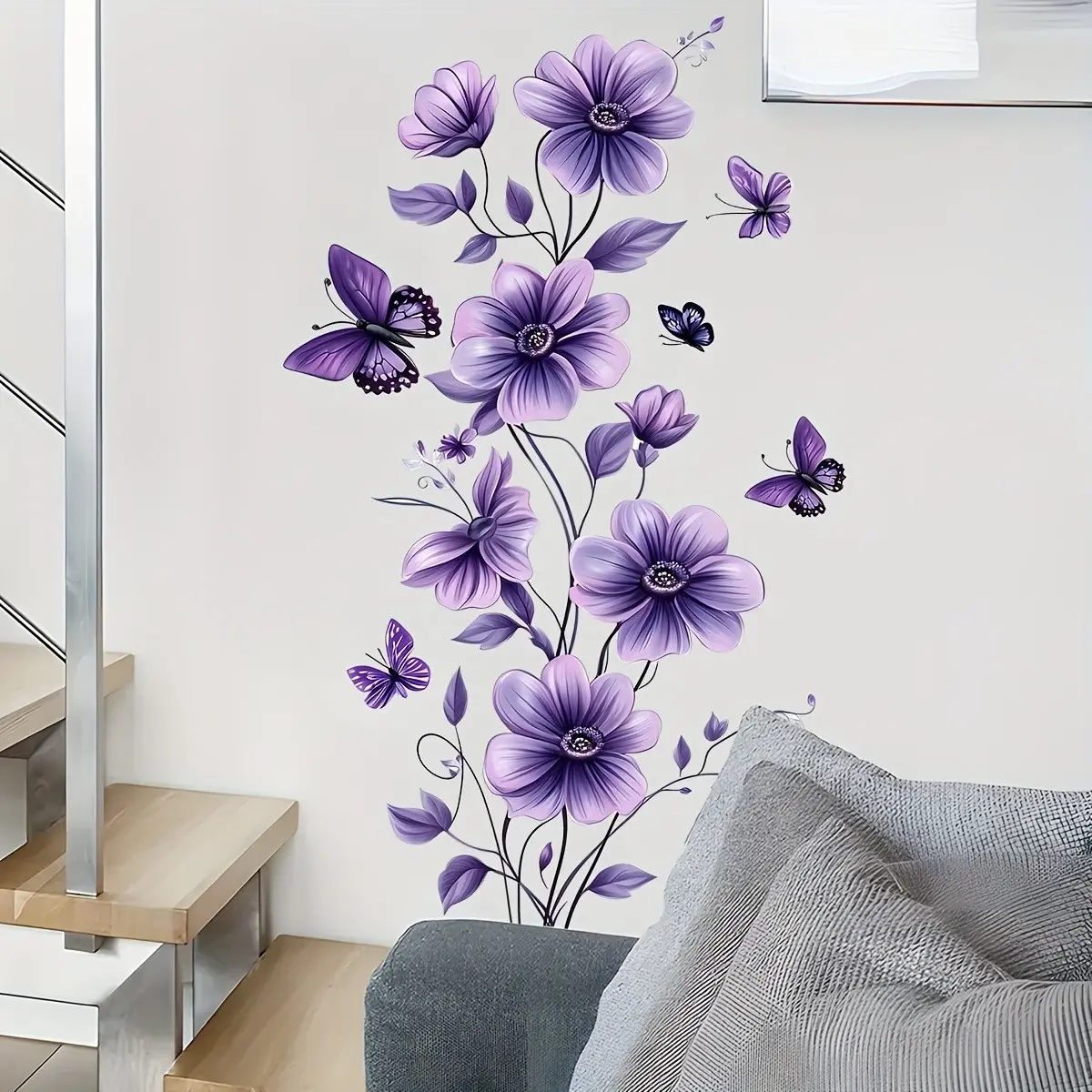 Butterfly Floral Wall Sticker, Floral Pattern Sticker, Flower Wall Stickers, Removable Self-Adhesive Decorative Decal for Bedroom Living Room Home Background Decoration, Wall Art Stickers, Floral Wall Decals, Decorative Stickers